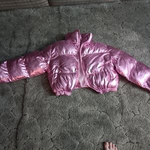 Metallic pink puffer coat crop style kids large or adult small